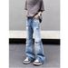 Nordmann American High Vibe Blue Distressed Frayed Hem Jeans For Men Summer Straight Slim Fit Slightly Flared Street Style Beggar_mkmklike.com