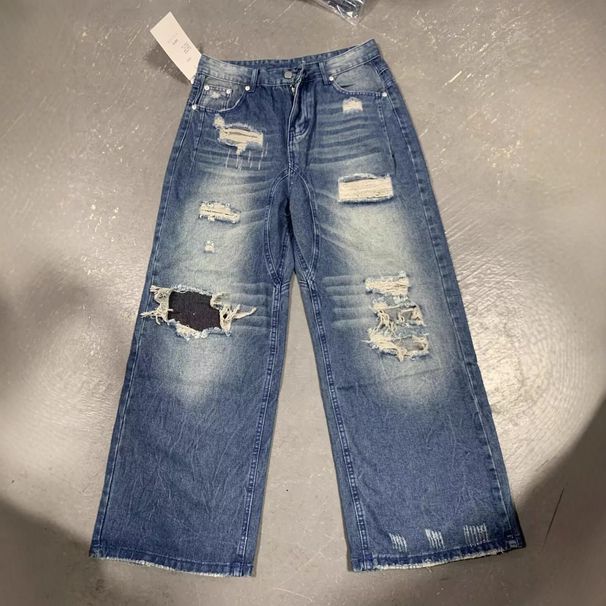 Vintage Washed Denim Jeans – Distressed Patchwork & Wide-Leg Fit (S-XXXL) | 90s Retro Streetwear For Men & Women_mkmklike.com