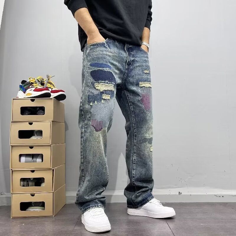 Unisex Distressed Patchwork Denim Jeans Relaxed Straight Leg Vintage Washed High Street Fashion_mkmklike.com