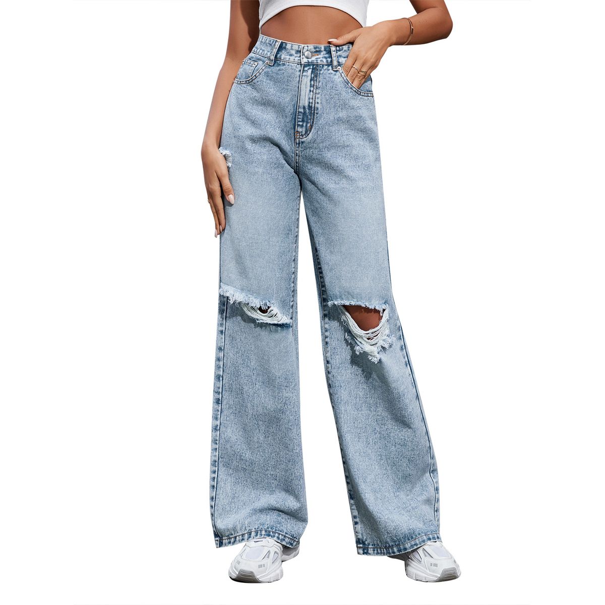 Women's Clothing Trendy Denim Trousers Women's Clothing Hot Sale Casual Fashion Ripped Trousers_mkmklike.com