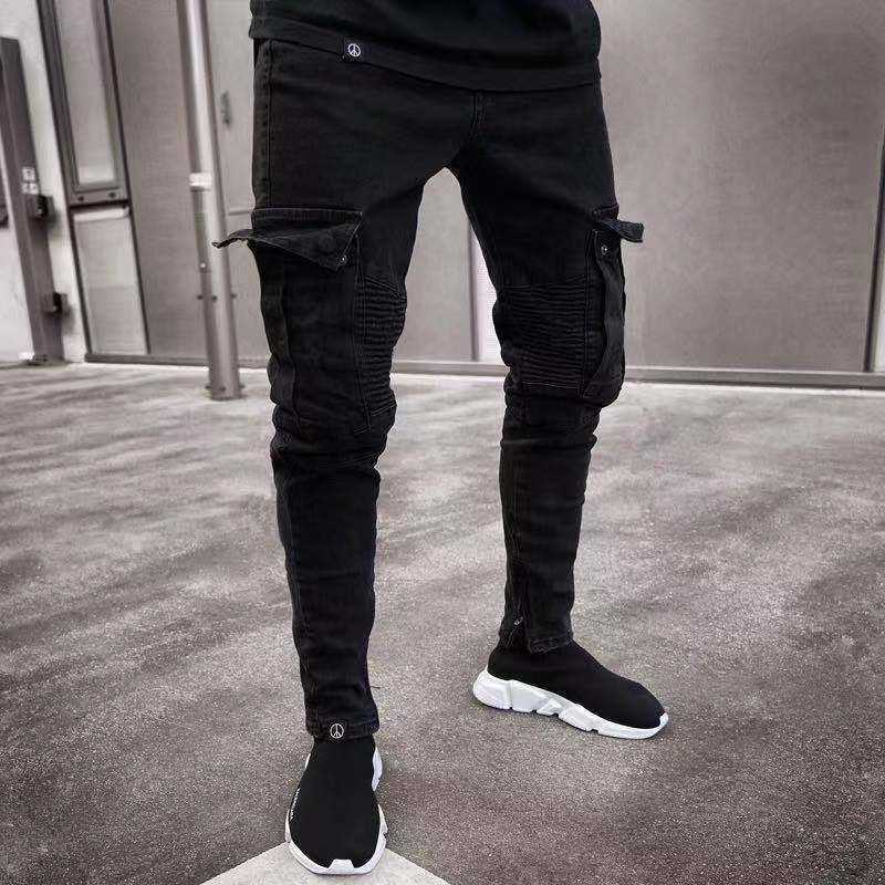 Men Jeans Washed Denim Pencil Pants Ankle Length Trousers Hole Distressed Multi Pockets Casual Spliced Zipper Vintage Denims_mkmklike.com