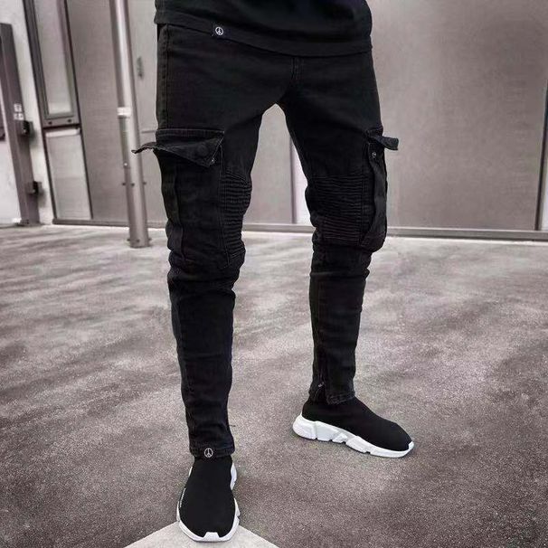 Men Jeans Washed Denim Pencil Pants Ankle Length Trousers Hole Distressed Multi Pockets Casual Spliced Zipper Vintage Denims_mkmklike.com
