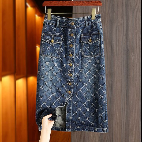Women's Clothing Love jacquard fashionable denim skirt for women spring and summer new casual versatile design slit hip skirt_mkmklike.com