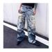 American High Street Men's 3D Digitally Printed Lettering And Floral Patterned Jeans Trendy Distressed Design Loose Wide Leg Trousers_mkmklike.com