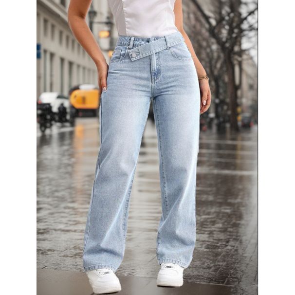 Women's Casual Light Blue Washed Overlap Waist Loose Straight Leg Jeans Denim Pants_mkmklike.com