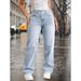 Women's Casual Light Blue Washed Overlap Waist Loose Straight Leg Jeans Denim Pants_mkmklike.com