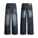 LKTM Men's Retro Washed Distressed Whiskered Bamboo Texture Jeans Unisex Trendy Pleated A-Line Trousers_mkmklike.com