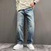 Men's Retro Blue Straight Leg Jeans - Classic Loose Fit Denim Pants For Casual Streetwear_mkmklike.com