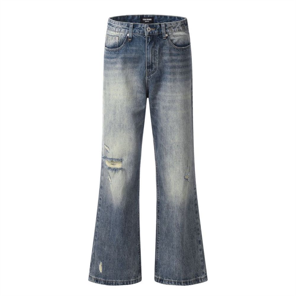 Washed White Ripped Flared Jeans For Men, Hippie High Street Style, Vintage Loose Wide-Leg Bell-Bottom Pants_mkmklike.com