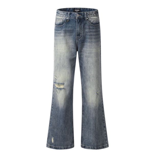 Washed White Ripped Flared Jeans For Men, Hippie High Street Style, Vintage Loose Wide-Leg Bell-Bottom Pants_mkmklike.com