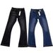 High-Waisted Flared Denim Jeans with Distressed Splatter Paint Design Stretch Comfort Black-Gray Blue Streetwear Style_mkmklike.com