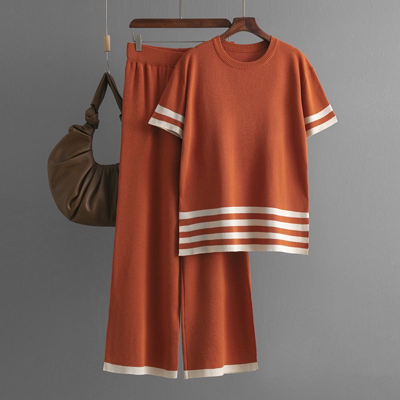 Women's Clothing contrast striped split short sleeved sweater + high waisted slim wide leg pants trousers fashionable casual two piece suit_mkmklike.com