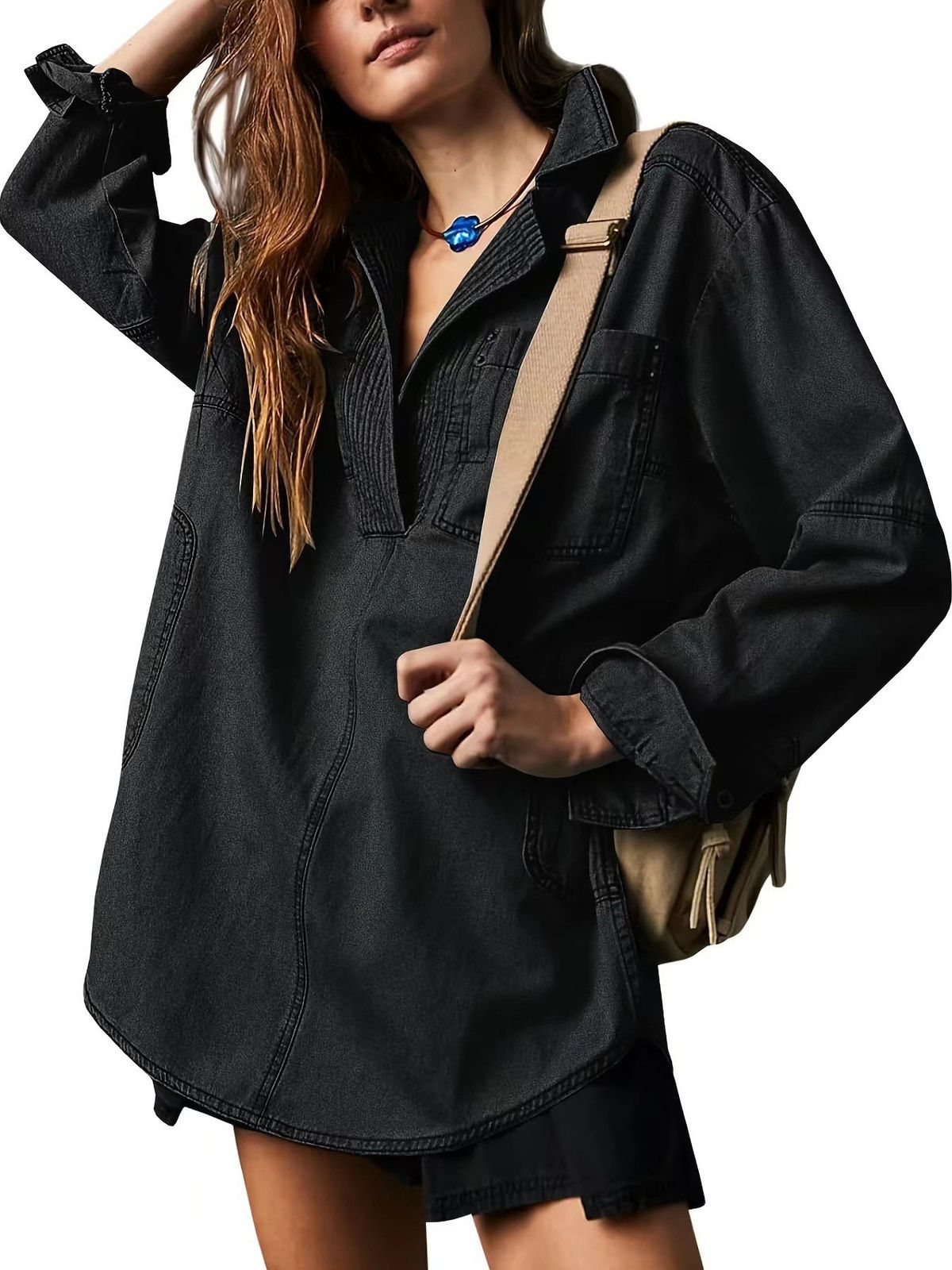 Women's Clothing V-Neck Denim Jacket – Trendy Long Sleeve Overshirt (Casual, Lightweight & Versatile Layering Piece)_mkmklike.com