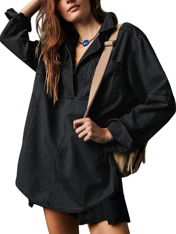 Women's Clothing V-Neck Denim Jacket – Trendy Long Sleeve Overshirt (Casual, Lightweight & Versatile Layering Piece)_mkmklike.com