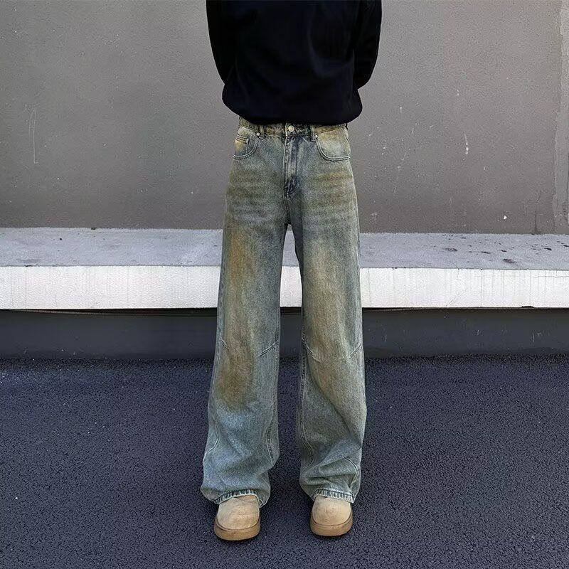 Men's Retro Washed Distressed Straight Leg Jeans Loose Fitting Trendy Casual Style_mkmklike.com