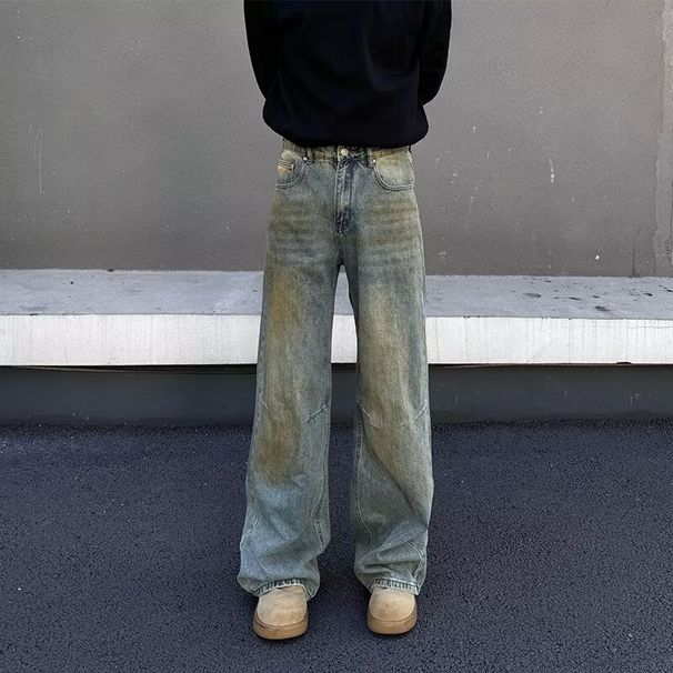 Men's Retro Washed Distressed Straight Leg Jeans Loose Fitting Trendy Casual Style_mkmklike.com