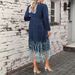 K Plus-size Women's Fashion Patchwork Denim Collarless Long-sleeved Fringed Midi Dress_mkmklike.com