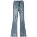 Women's clothing ripped denim bell bottom pants for women spring and summer new elastic small size nine points bell bottom pants trousers_mkmklike.com