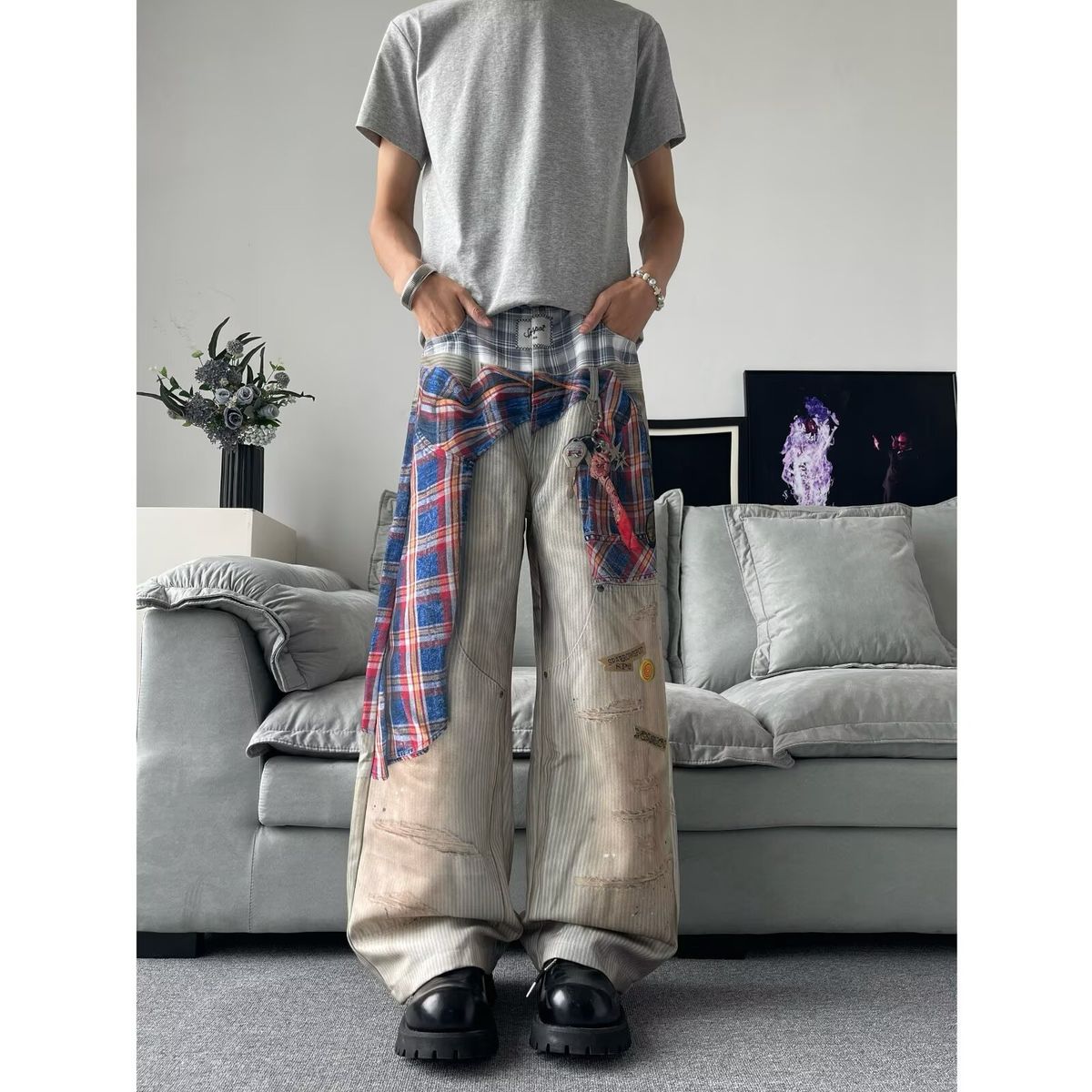 Retro Style Blue 3D Printed Patchwork Jeans Wide Leg Trousers with Curved Blade Design Casual Street Style mid Waist Zipper Fly Cotton_mkmklike.com