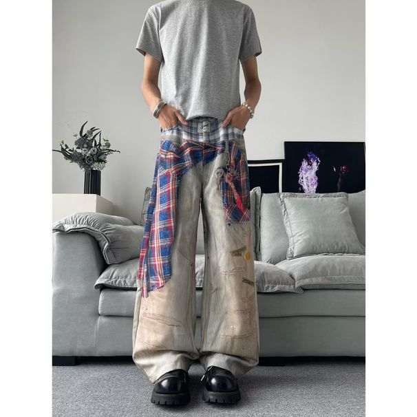 Retro Style Blue 3D Printed Patchwork Jeans Wide Leg Trousers with Curved Blade Design Casual Street Style mid Waist Zipper Fly Cotton_mkmklike.com