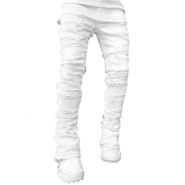E15E Mens Stacked Jeans Fit Ripped Destroyed Straight Denims Pants Vintage Hip Hop Trouser Streetwear 240415_mkmklike.com