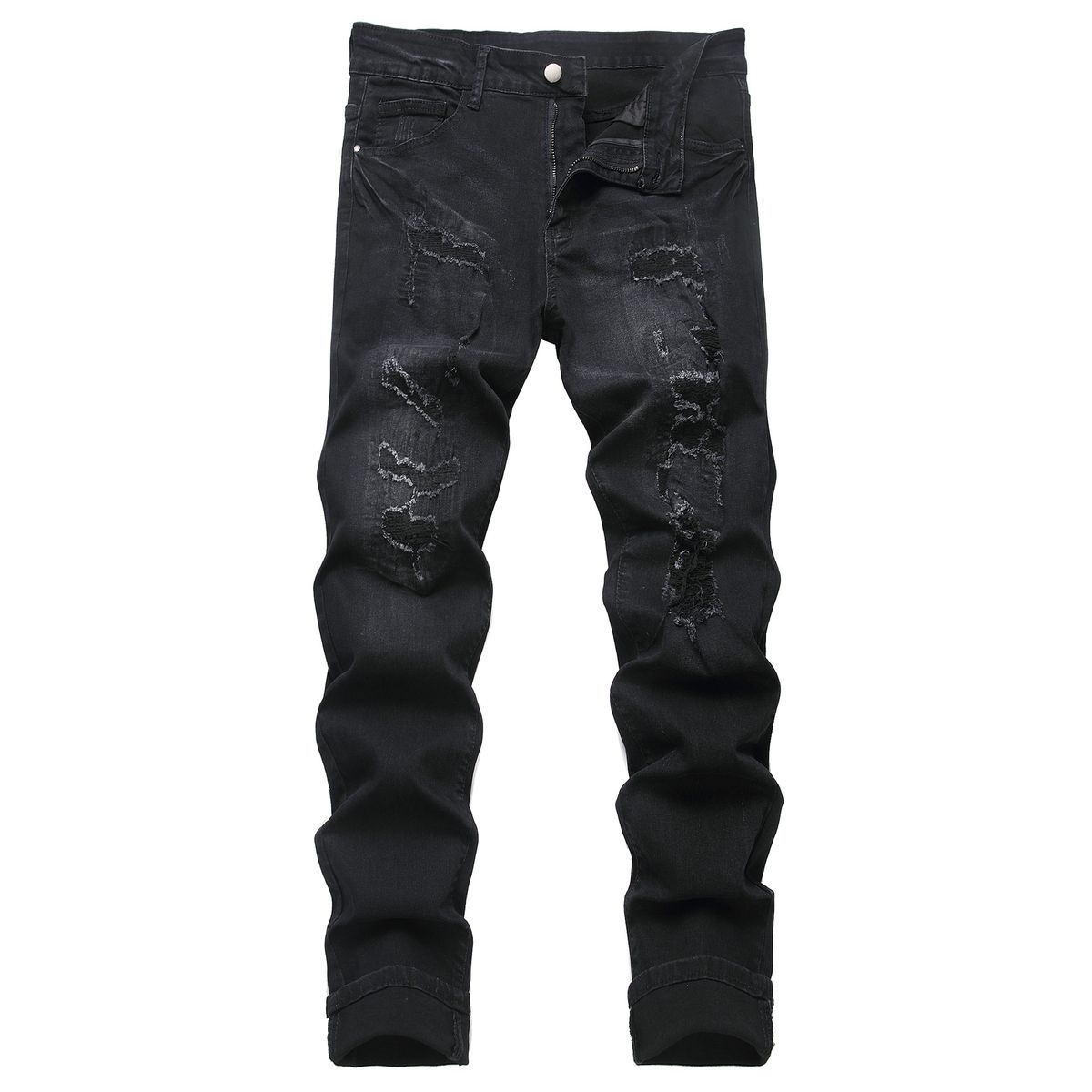 Men's Clothing Embroidered Denim Black Slim Fit Embroidered Ripped Jeans - Distressed Black Denim Pants With Artistic Stitching & Stretch Comfort_mkmklike.com