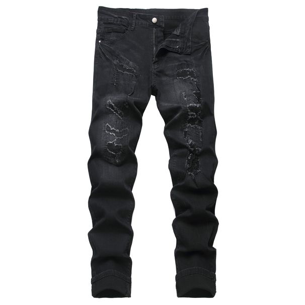 Men's Clothing Embroidered Denim Black Slim Fit Embroidered Ripped Jeans - Distressed Black Denim Pants With Artistic Stitching & Stretch Comfort_mkmklike.com