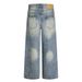American Style Washed Vintage Denim Straight-Leg Pants Men's Trendy Frayed Loose Casual Trousers_mkmklike.com