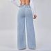 Women's High-Waisted Double Button Elastic Waist Wide Leg Jeans Light Blue Washed Casual Trousers_mkmklike.com