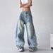 Vintage Washed Light Blue Flared Jeans For Women - Retro American Hip Hop Street Style Wide Leg Trousers_mkmklike.com