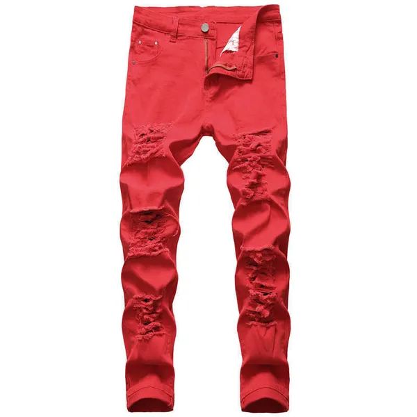 Men's Men Slim Mens Trousers Zipper Red Hole Pencil Pants Denim Jeans For Man Straight Full Length T221102_mkmklike.com