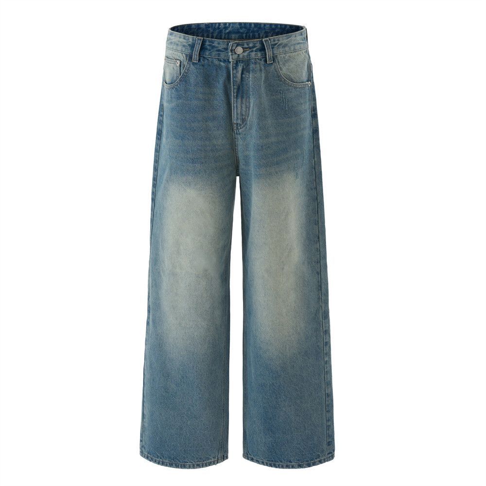 American Style Washed Faded Denim Men's Dad Street Fashion Vintage Gradient Loose Wide-Leg Straight Pants_mkmklike.com