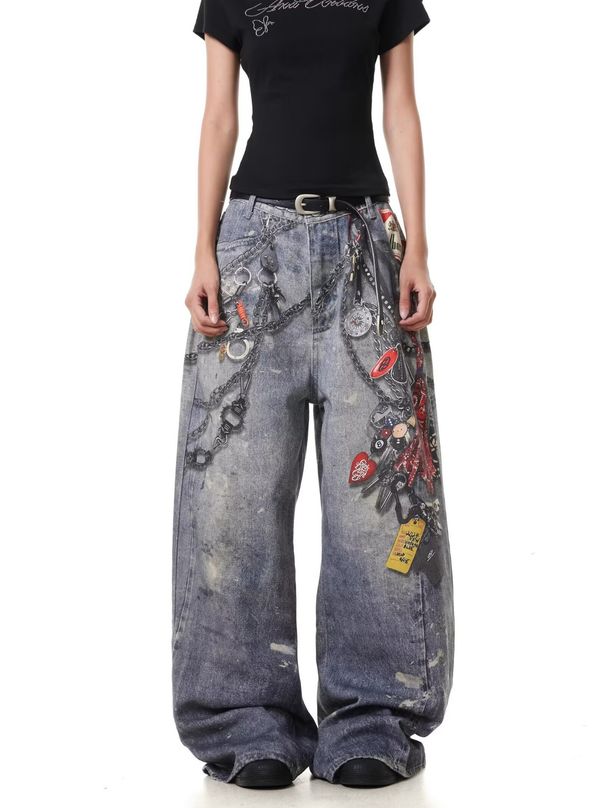 American AC Style 3D Printed Chain Pendant Jeans Men's Design Sense Washed Vintage Loose Straight Long Pants Trendy_mkmklike.com