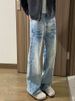 Washed Blue Straight Jeans For Men, Spring And Autumn American High Street Vibe , Clean Fit Curved Hem Flared Long_mkmklike.com