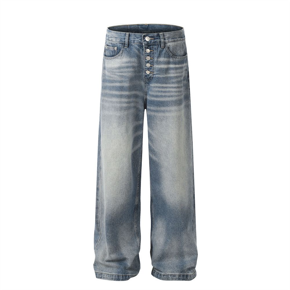 Patterned Texture Button Open Front Jeans For Men American High Street Fashion Brand Straight Long Distressed Wide-Leg_mkmklike.com
