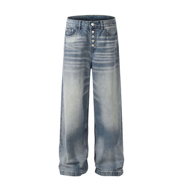 Patterned Texture Button Open Front Jeans For Men American High Street Fashion Brand Straight Long Distressed Wide-Leg_mkmklike.com