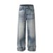 Patterned Texture Button Open Front Jeans For Men American High Street Fashion Brand Straight Long Distressed Wide-Leg_mkmklike.com