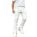 Men's White Stretch Slim Fit Jeans With Raw Hem & Patch Details - Urban Streetwear Denim Pants_mkmklike.com
