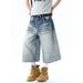 Men's Clothing Unisex Style Washed Whiskered Denim Shorts Summer High Street Trendy Wide Leg Capri Pants Loose Versatile Curved Trousers_mkmklike.com