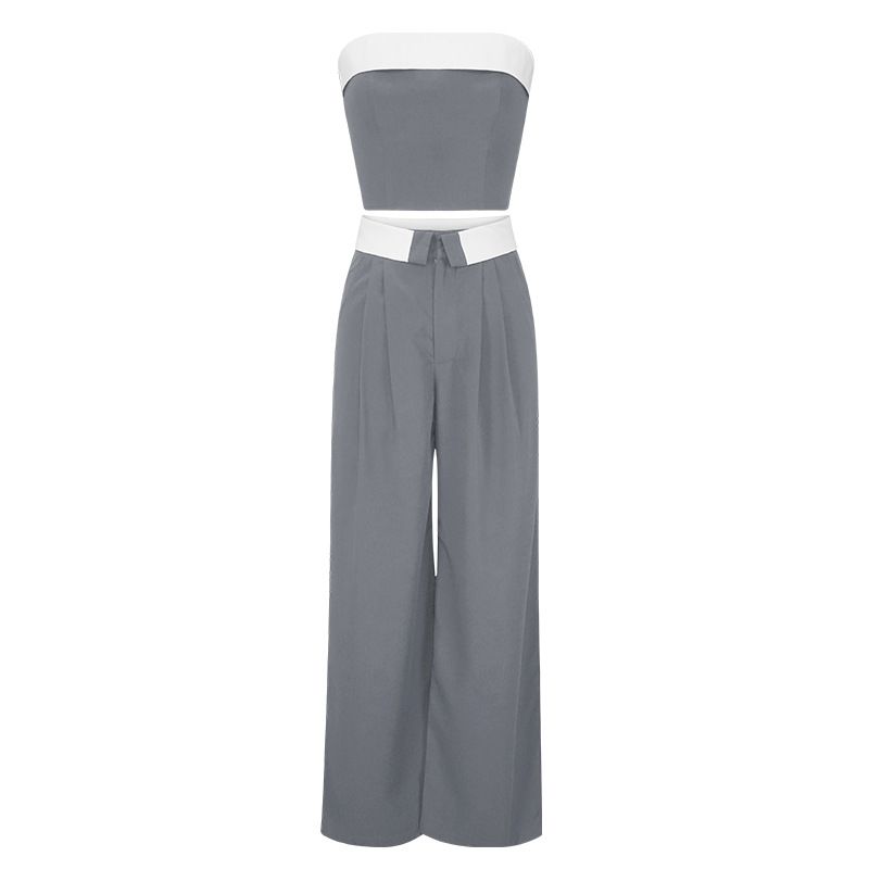 Women's color contrast vest wide leg suit pants fashion casual two sets_mkmklike.com