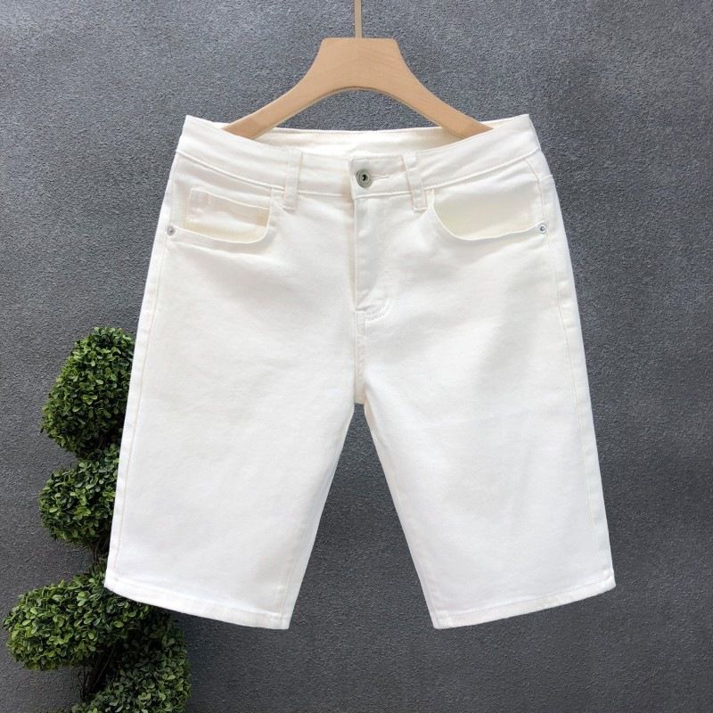 Men's High-End White Denim Shorts Trendy Slim Fit Midweight Polyester Summer Fashion Handsome Solid Color Pants_mkmklike.com