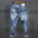 Men's Trendy Ripped Loose Straight Leg Jeans Mid Waist Cropped Korean Style Summer New Japanese Beggar Pants Standard Thickness_mkmklike.com