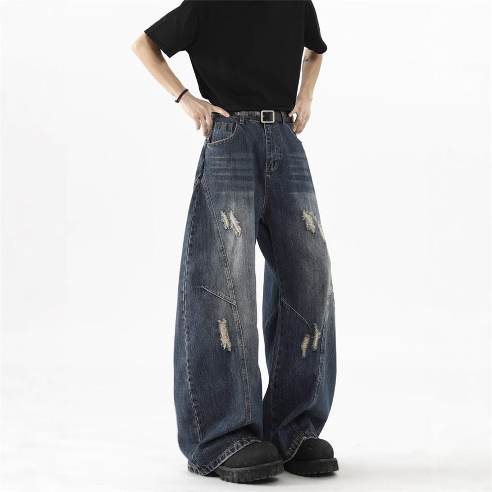 Men's Baggy Distressed Jeans - Vintage Washed High Street Cargo Pants With Ripped Details & Wide Leg (Light Blue, Retro Blue)_mkmklike.com