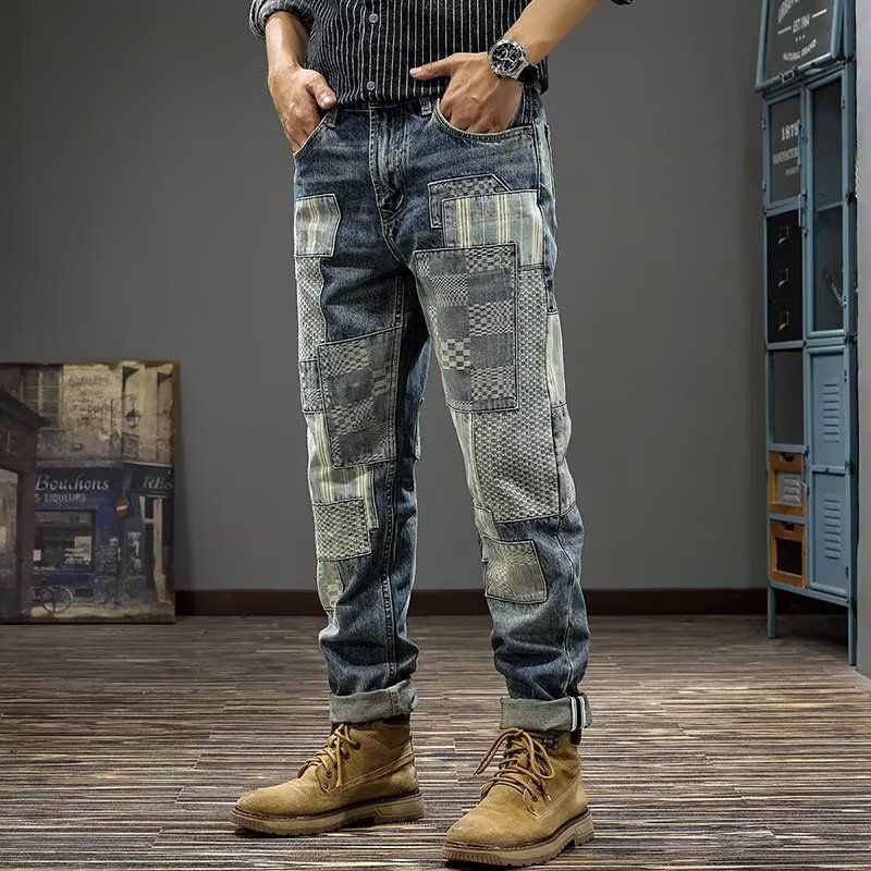 Men's Vintage Patchwork Denim Jeans – Distressed & Color-Block Loose-Fit Straight-Leg Pants (28-36, Washed Blue)_mkmklike.com