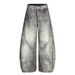 Unisex High End Gradient Curved Blade Jeans Black/Gray Retro Washed Deconstructed Loose Fitting Mid Waist Wide Leg Trousers_mkmklike.com