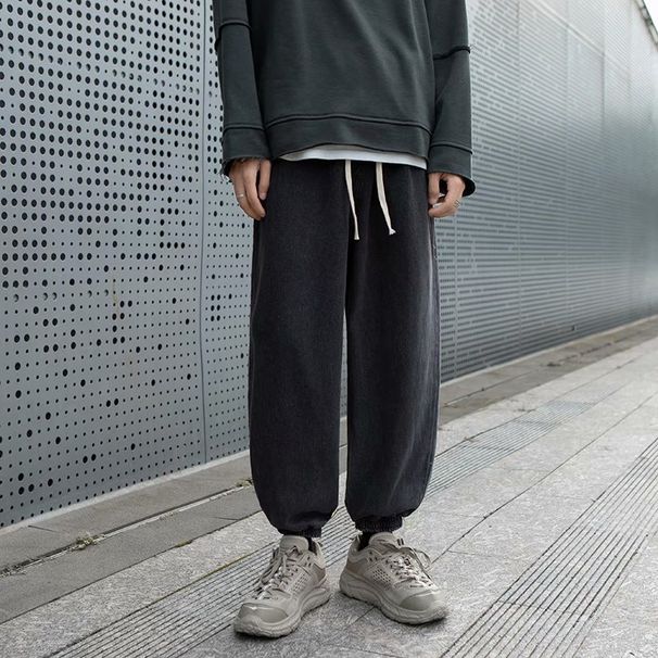 Men's Vintage Washed Straight-Leg Jeans Dad Fit Cuffed Hem Urban Streetwear Casual Hipster Polyester 90s Style_mkmklike.com
