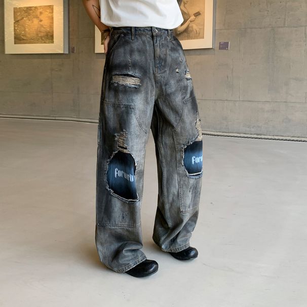 Men's American Vintage Washed Gray Distressed Straight Leg Jeans - Casual Loose Fit Denim Pants For Teen Boys_mkmklike.com