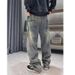 Men's Vintage Workwear Jeans Distressed Washed Blue Relaxed Straight Fit Utility Pockets Raw Hem Denim_mkmklike.com