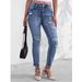 Women's Slim Fit Stretchy Blue Denim Pants Distressed Design Frayed Edges Fashionable Versatile Jeans_mkmklike.com