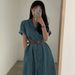 Ins Korean Style Lapel Short Sleeved Denim Dress For Women, With Waist Cinched To Show Off A Slim And Elegant Long Skirt_mkmklike.com